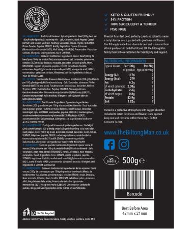 The Biltong Man Droewors Sticks | High Protein Beef Snack | Keto-friendly South African Dried Sausage 250g - Buy Online on SooperMarket.com