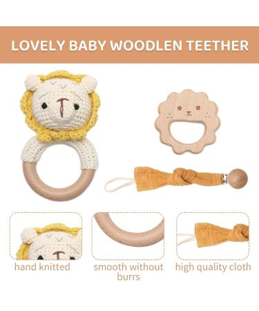 Wooden Baby Rattle - Crochet Lion Newborn Toy with Natural Wood Teething Ring - Handmade Gift for Boys and Girls - Buy Online on SooperMarket.com