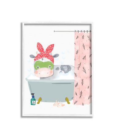 Stupell Industries Children's Farm Cow Bath Tub Bunny Slippers Bathroom White Framed Wall Art