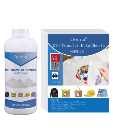 DTF Transfer Powder Film Kit for DTF Sublimation Printer DTF Starter Kit Include 17.6oz White Digital Transfer Hot Melt Adhesive and 30 Sheets Double-Sided Matte Clear PreTreat Sheets