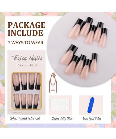 24PCS Long Black French False Nails | Square Full Cover Press On Nails for Women - Jelly Glue Included | Nail Art for Girls - Buy Online on SooperMarket.com