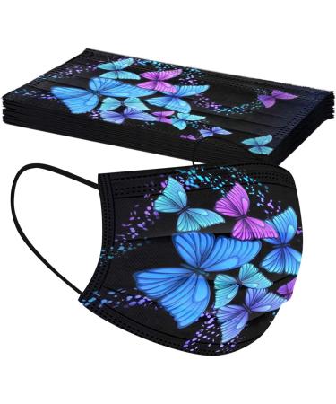50Pc Disposable Black Face Masks with Colorful Butterfly Prints for Adults - 3-Ply Breathable Filter Protection in Multicolor - Buy Online on SooperMarket.com