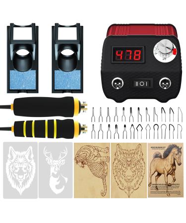 Professional Wood Burning Kit 60W Pro Pyrography Pen Wood Burner with 24 Wire Nibs Tips Including Ball Tips Wood Burning kit for adults and kids.Ideal for pyrography on wood, cork, leather, gourds Red Black Double Pen Pyrography Kit