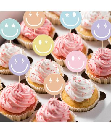 Whaline 36Pcs Preppy Smile Face Cupcake Toppers 6 Designs Paper Cake Decor Cute Cupcake Picks for Y2K Bachelorette Birthday Party Supplies Photo Booth Props - Buy Online on SooperMarket.com