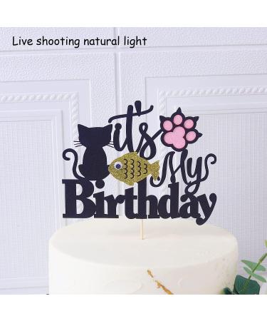 Happy Birthday Cat Cake Topper - Glittery Black Kitten Decoration for Birthday Baby Shower & Wedding Parties - Buy Online on SooperMarket.com