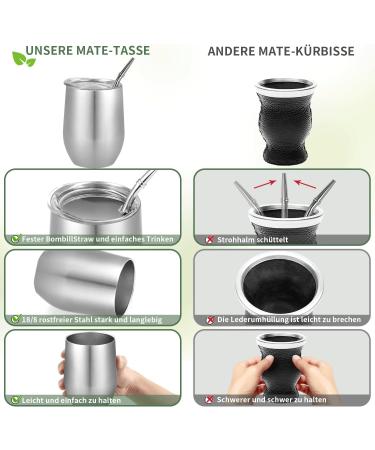 Telanks Mate Becher - 340ml Double-Walled Insulated Stainless Steel Mate Cup with Straw & Brush | Perfect Yerba Mate Mug (Silver) - Buy Online on SooperMarket.com