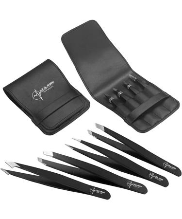S.A.Q. JILLANI Eyebrow Precision Tweezers Set - Professional Stainless Steel - For Men and Women - Facial & Ingrown Hair Removal - 4 Pieces with Case (Black) - Buy Online on SooperMarket.com