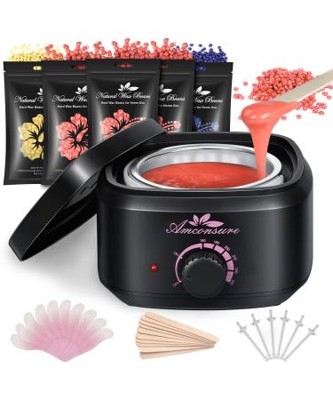 Amconsure Waxing Kit,Waxing Kit for Women Men Home Wax Warmer Hair Removal with 5 Formula Hard Wax Beads for Hair Eyebrows Bikini Body Armpits Facial Nose Legs, Painless Brazilian Wax Kit. Black-pink03