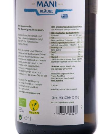 Buy Mani Bl uel Organic Extra Virgin Olive Oil - 2 x 1L | Premium Quality International Shipping - Buy Online on SooperMarket.com