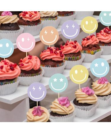 Whaline 36Pcs Preppy Smile Face Cupcake Toppers 6 Designs Paper Cake Decor Cute Cupcake Picks for Y2K Bachelorette Birthday Party Supplies Photo Booth Props - Buy Online on SooperMarket.com