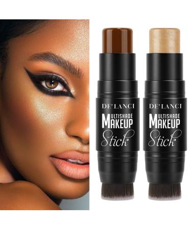 Contour Highlighter Stick Kits DE LANCI 2 PCS Cream Contour Highlighter Sticks with Brush Moisturize Highlighter and Bronzer Stick For Brown Dark Black Skin Tone Women  Face Illuminator Shade Makeup 2