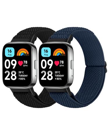 BTTNG Elastic bracelet Compatible with Xiaomi Redmi Watch 3 Active for women and men adjustable solo loop elastic bracelet Comfortable sports replacement bracelet for redmi watch 3 active 2 pieces Negro + ndigo
