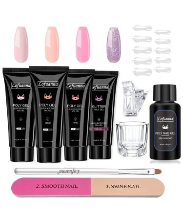 Lofuanna Poly Gel Nail Kit - 4 Colors Poly Gel Poly Nail Gel Kit with Nail Forms Slip Solution Professional Poly Gel Kit for Beginner Builder Gel Poly Extension Gel Nail Kit DIY at Home SET 3