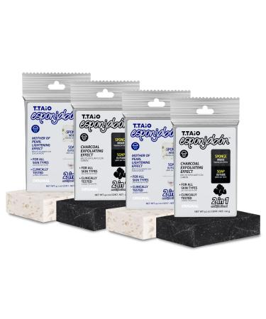 T.Taio Esponjabon Mother of Pearl and Charcoal Soap Sponges Shower Scrubbers That Remove Oil and Dirt Sponges to Scrub Foot Elbow and Face Bathroom Accessories Fresh Scent (4-Pack)