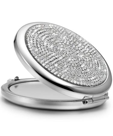 OMIRO Compact Mirror Mini Small Diamond 1X/2X Magnifying Round Metal Pocket Makeup Mirror (Silver) Silver small Diamond 1X/2X