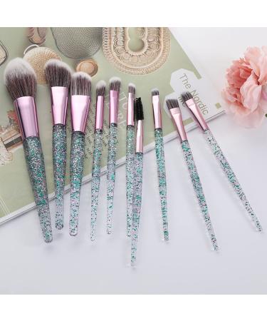 10 PCS Glitter Handle Makeup Brush Set | Professional Face & Eye Brushes | Green Cosmetic Brushes in Transparent Bag - International Shipping - Buy Online on SooperMarket.com