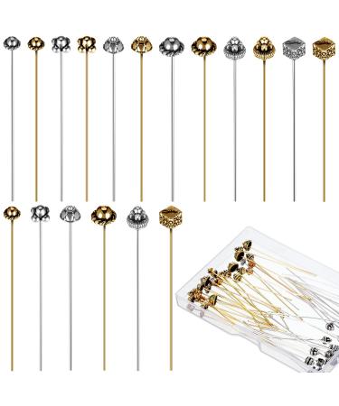 60 Pieces Jewelry Head Pins Mixed Color Alloy Pins Flower Needle Retro Long Metallic Head Pins Silver and Gold Beading Headpins for Jewelry Making Earring Bracelet Women DIY Accessories