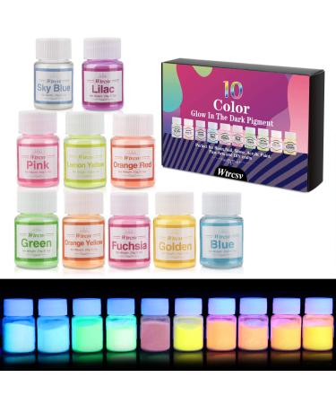 Wtrcsv Glow in The Dark Pigment Powder  10 Color Epoxy Resin Luminous Powder Non-Toxic Safety Powder for Acrylic Paint  Slime  Nails  Resin  Concerts or DIY - 20g/0.7oz Each