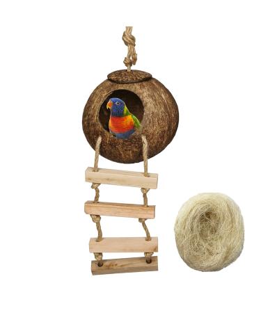 Hanging Bird House with Ladder,Natural Coconut Fiber Shell Bird Nest Breeding for Parrot Parakeet Lovebird Finch Canary,Coconut Hide Bird Swing Toys for Hamster,Bird Cage Accessories,Pet Bird Supplies
