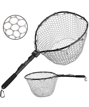 PLUSINNO Fly Fishing Net Fish Landing Net, Trout Bass Net Soft Rubber Mesh Catch and Release Net 16" x 13" Hoop Size (28"Extend Length)