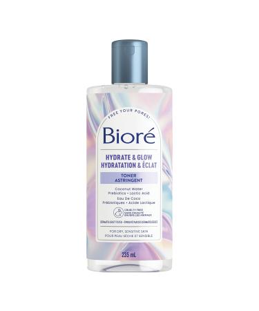 Bior Hydrate & Glow Toner Alcohol Free Facial Toner for Dry Sensitive Skin infused with Prebiotics 2% Lactic Acid and Coconut Water | Dermatologist Tested Cruelty Free and Fragrance Free (235mL)