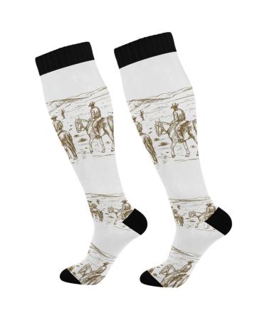Haskirky High Elasticity Compression Socks High Knee Socks Adult Universal Leisure Relieve Fatigue Desert Cowboy Riding Travel Daily with Running (1 Pair)