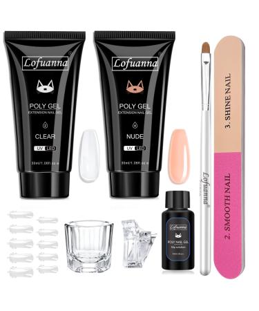 Poly Nail Gel Kit Starter 2 Colors 30ML Nail Extension Gel-Clear Nude Poly Gel Colors Builder Gel Nail Enhancement Gel Long-lasting Poly Nail Gel Kits Professional Salon Beauty Gift Technician Tool 2-Nail SET