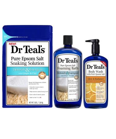 Dr. Teal's Ginger & Clay with Vitamin C Variety Gift Set (3 Pack 106oz Total) - Detoxify & Energize Foaming Bath Epsom Salt Soak Vitamin C & Citrus Body Wash - Essential Oils Remove Harmful Toxins