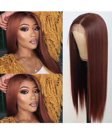 QD-Tizer T-Part Lace Front Wigs Reddish Brown Color 22'' Long Straight Hair Wig Glueless Heat Resistant Synthetic Lace Front Wigs for Fashion Women o-reddish brown