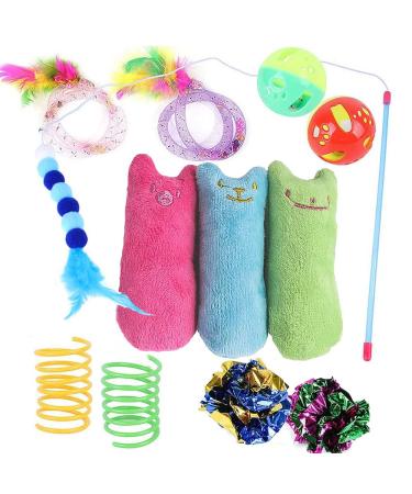 12 Pcs Cat Toys for Indoor Cats Kitten Plush Catnip Toy Cat Teeth Cleaning Toys Interactive Cat Feather Teaser Wand Spring Toy 12Pcs