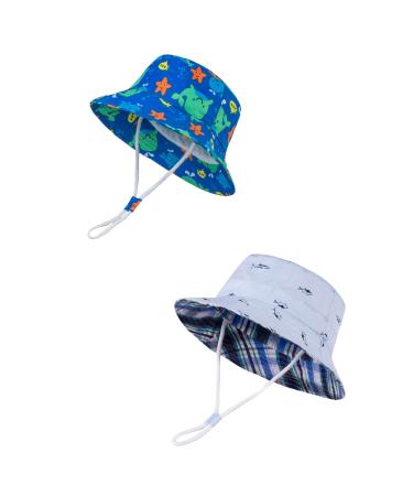 LANGZHEN Beach Sun Protection Hat for Baby Girls Adjustable Toddler Kids Hat Wide Brim Summer Play Hat with Chin Strap Whale+Blue Fish 1-2 Years