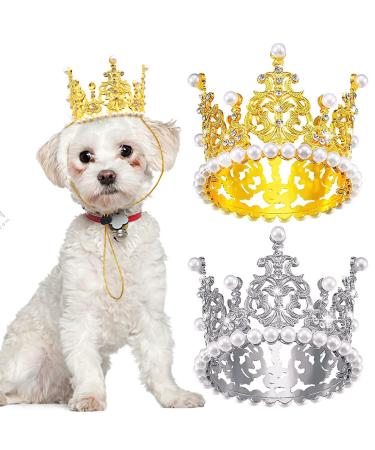 BIPY 2Pcs Dog Crown Pet Birthday Hats Cat Tiara Crown Headpiece Gold Silver Princess Rhinestone Faux Pearl Birthday Cake Topper for Medium Large Puppy Cats Doggies Party Wedding Hair Accessories