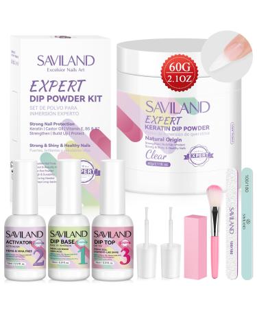 SAVILAND Clear Dip Powder Nail Kit Starter: 60g 2.1oz Dip Powder for Nails with Dipping Powder Liquid Set Dip Base Activator and Top Coat Professional Dip Nail Kit Repair for French Manicure Nail Art