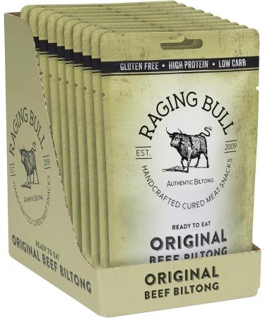 Raging Bull Original Beef Biltong - delicious authentic South African biltong. Made with natural ingredients & our award-winning skills. High in protein low carbs & gluten free. 10 x 28g snack packs.