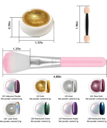 Lofuanna Chrome Nail Powder Set - 8 Colors Mirror Effect Holographic Pearl Iridescent Glitter Manicure Kit | Nail Art Deco with Eyeshadow Sticks and Dust Brush - 1g/0.5g Jar - Buy Online on SooperMarket.com