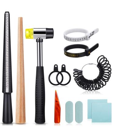 11 Pieces US UK Ring Mandrel Set, Size 1-13 with Half Size Ring Sizer Gauge Ring Mandrel Jewelry Hammer Ring Sizer Adjuster Polishing Cloth Polishing Stick Polished Agate Knife Measuring Tool (Black)