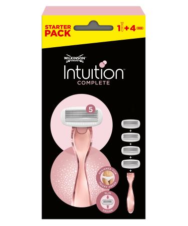 Wilkinson Sword Intuition Complete Razor - Pack with 1 razor + 4 charging heads - Value size shaver 5 blades for women - Suitable for sensitive areas Black 1 count (Pack of 1)