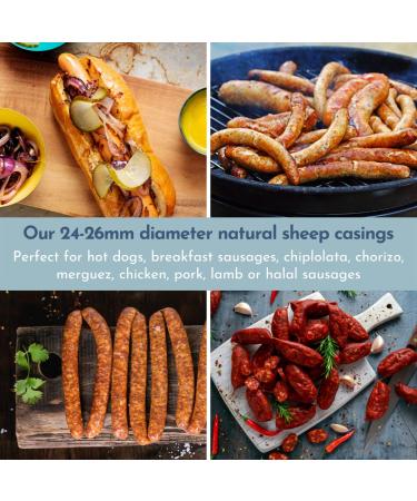 32ft Natural Sheep Casings for Sausage Making 24-26mm - Ideal Hot Dog, Merguez, Chorizo, Breakfast Sausage Casing from New Zealand - Edible A Grade Halal - Pre-Tubed - Makes 7lb Sausages - Buy Online on SooperMarket.com