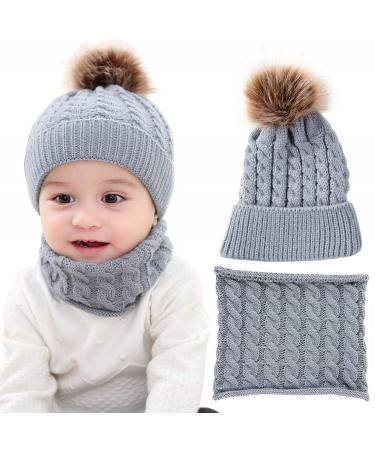 CheChury Toddler Hat and Scarf Set Baby Warm Knit Pom Beanie Cap with Circle Loop Scarf Neckwarmer 1-3 Years #1 Grey