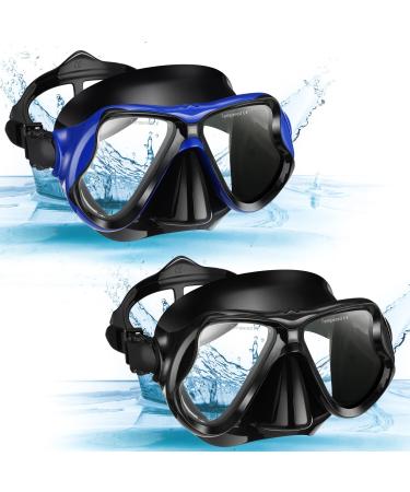 2 Pack Swim Mask for Adult Swimming Snorkel Diving Mask Swimming Goggles with Nose Cover Clear View Anti Fog Swim Mask Tempered Glass Snorkeling Goggles for Diving Snorkeling Swimming Black Blue