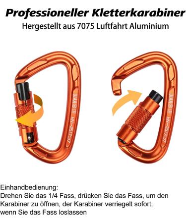 Karabiner Climbing Equipment Set - 2 UIAA Certified 25kN Auto Locking Carabiners + 2 23kN Nylon Ropes for Climbing Mountaineering & Hiking - Durable Orange & Black 4-Part Kit - Buy Online on SooperMarket.com