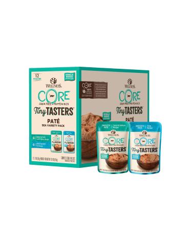 Wellness CORE Tiny Tasters Wet Cat Food, Complete & Balanced Natural Pet Food, Made with Real Meat, 1.75-Ounce Pouch, 12 Pack (Flaked, Minced in Gravy, & Pate Recipes) Adult Cat Sea Variety Pack 1.75 Ounce (Pack of 12)