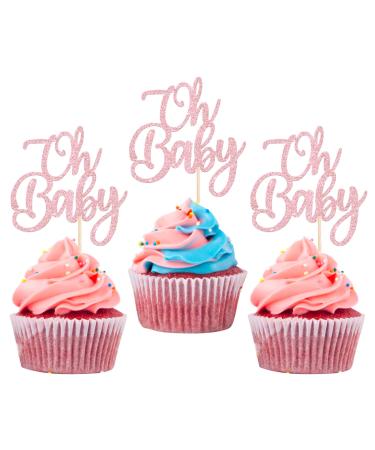 Rsstarxi 24 Pack Oh Baby Cupcake Toppers Glitter Baby Baptism Cupcake Picks Baby Shower Cake Decorations for Gender Reveal Birthday Party Decorations Pink Style 2 Pink