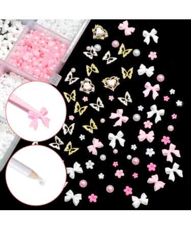 BELICEY 1000PCS 3D Nail Charms - Cute Butterfly Bow Star Heart & Moon Designs for Nail Art DIY - Includes Picker Pencil & Tweezer - Pink & White Flower Collection - Buy Online on SooperMarket.com