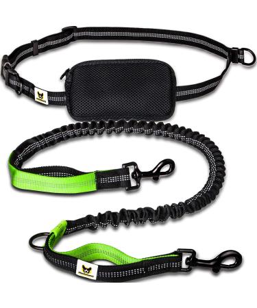 Jogging leash - elastic and reflective 120 cm dog leash (up to 200 cm stretchy) with adjustable hip strap with hip bag - ideal for free -handed jogging walking and hiking