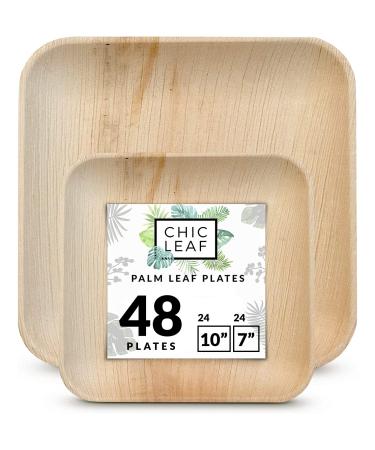 Chic Leaf Palm Leaf Plates Disposable Bamboo Plates Like 10 Inch & 7 Inch Square Party Pack (48 Pc) Compostable and Biodegradable - Better than Plastic and Paper Plates Set (48 Pc)