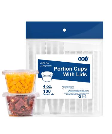 4 OZ, 100 Sets EDI Clear Disposable Plastic Portion Cups with Leakproof Lids | Jello Shot Cups | Condiment and Dipping Sauce Cups | Souffle Cups | BPA Free | Recyclable 100 4 OZ