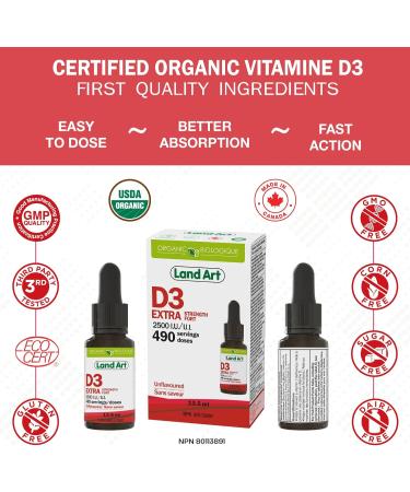 Certified Organic Vitamin D3 (490 Drops/Servings) - Extra Strength - 2500 IU Per Drop - Immune System Support - GMO Free - Gluten Free - Made in Canada (13.5ml) 13.5 ml (Pack of 1) - Buy Online on SooperMarket.com