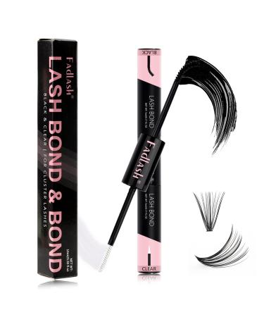 Cluster Lash Glue for Eyelash Extensions Eyelash Glue Lash Bond & Bond 2 in 1 Lash Cluster Glue Eyelash Extension Glue Waterproof Strong Hold for 72 Hours (10ml Black and Clear)