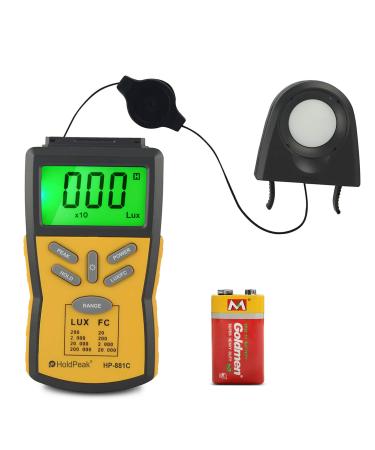 Digital LUX Meter HOLDPEAK 881C Light Meter Measure Range 0.1-200,000 Lux, 0.01-20,000 FC Light Meter with Peak Hold, Lux/FC Unit, Data Hold and LCD Display,Backlight for Plants and LED Lights